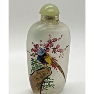 Antique Chinese Reverse Art Bottle | Inside Painted Glass Birds Cherry Blossoms